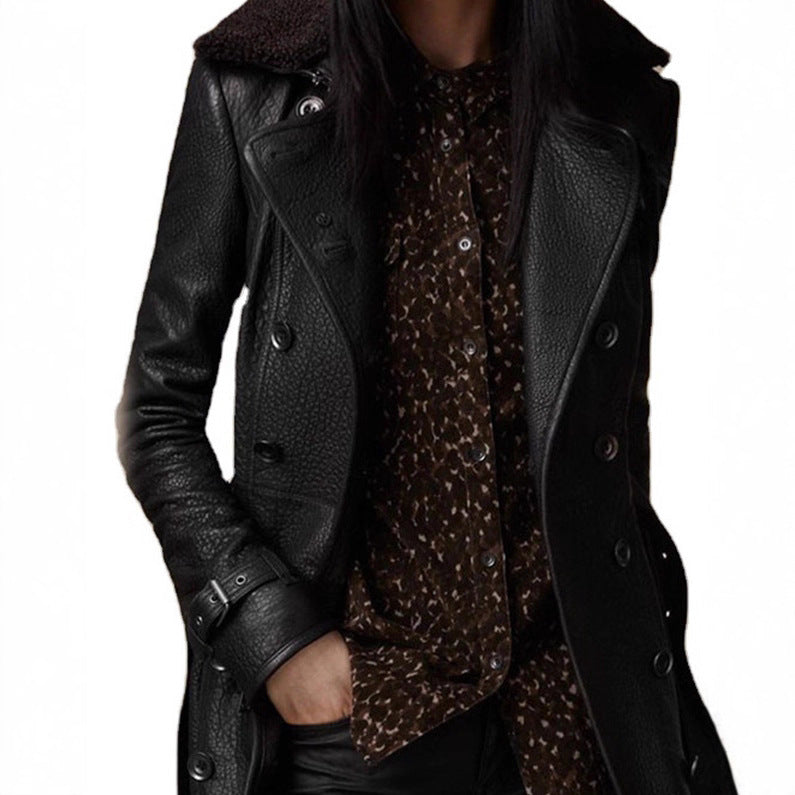 Women's fur collar leather coat mid-length