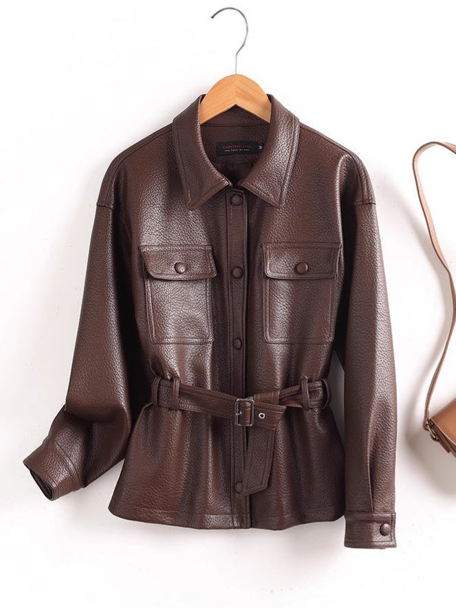 Leather women's short coat for outerwear
