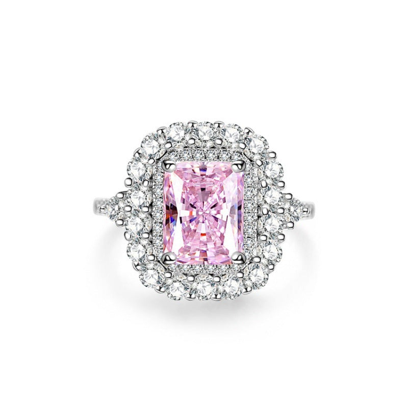 S925 Sterling Silver Zircon Ring Women Pink Ice Flower Cut
