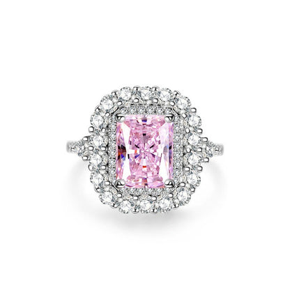S925 Sterling Silver Zircon Ring Women Pink Ice Flower Cut