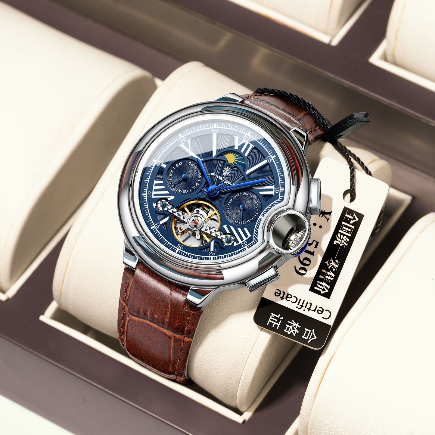 Automatic Mechanical Tourbillon Watch with Moon Phase