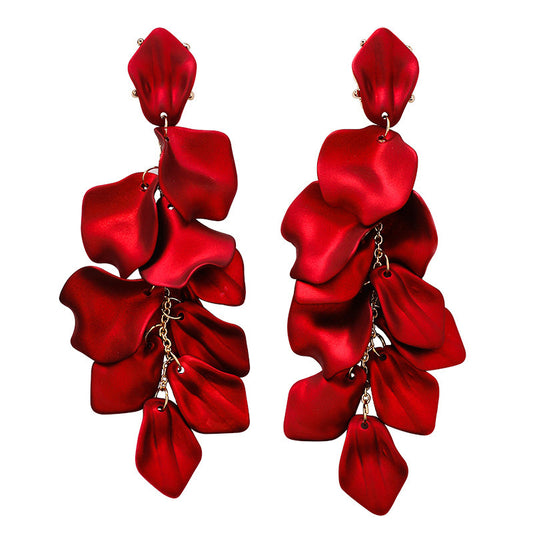 Red Rose Petal Tassel Drop Earrings