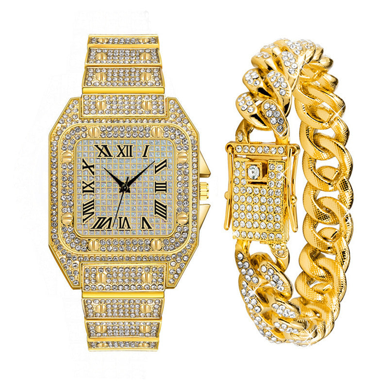 Hip Hop Quartz Watch Set with Bracelet and Necklace