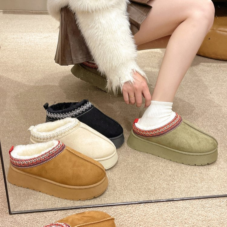 Lazy woman wearing snow boots for winter