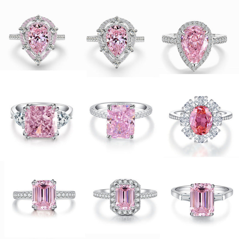 S925 Sterling Silver Zircon Ring Women Pink Ice Flower Cut