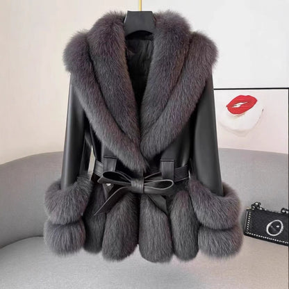 Large lapel faux fox fur plush leather coat