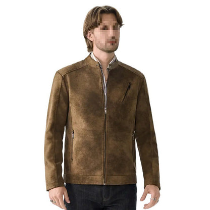 Mens PU Leather Jacket Stand Collar Slim Fit Coat