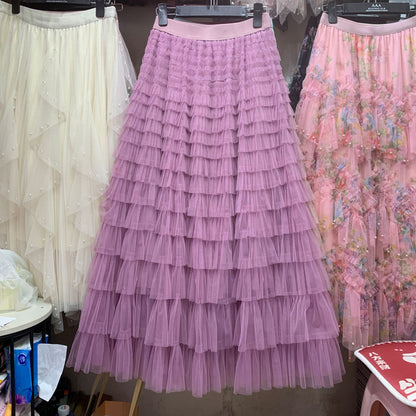 A woman in a lace cake skirt