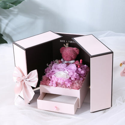 Preserved Rose Gift Box with Decorative Bear