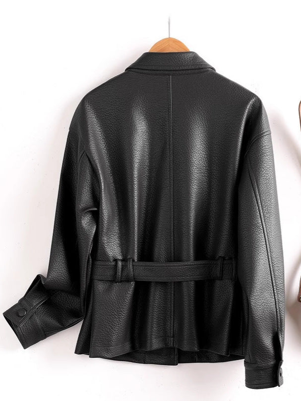 Leather women's short coat for outerwear
