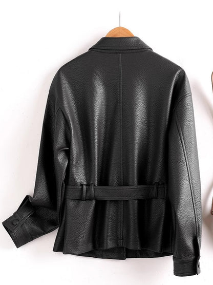 Leather women's short coat for outerwear