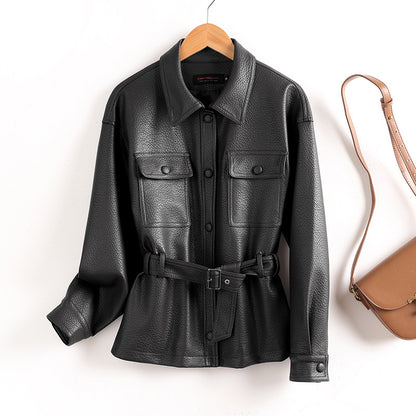 Leather women's short coat for outerwear