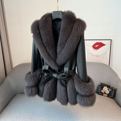 Large lapel faux fox fur plush leather coat