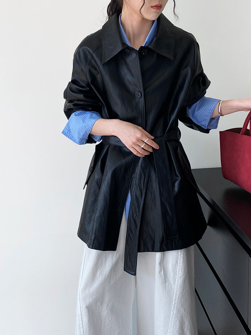 Lace-up PU Leather Coat