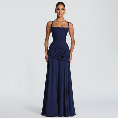 Solid-color sleeveless fitted-waist flared slip dress