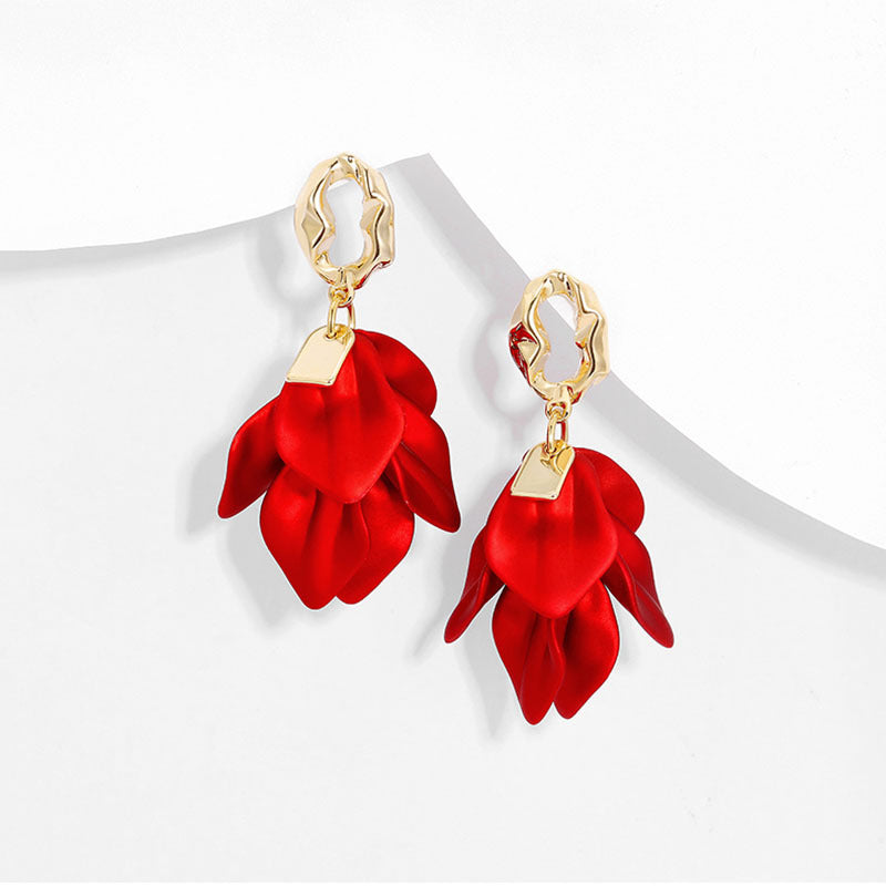 Korean S925 Silver Needle Long Rose Petal Tassel Earrings Retro Simple Exaggerated Atmosphere Internet Celebrant Flower Earrings
