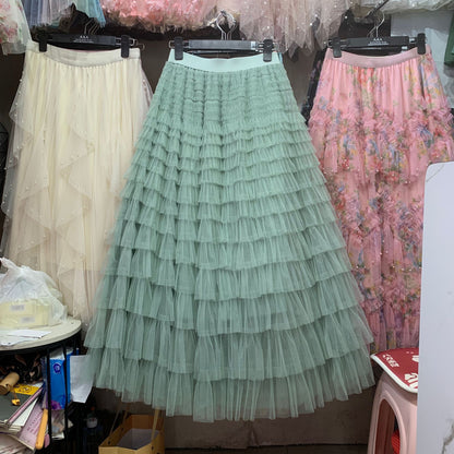A woman in a lace cake skirt