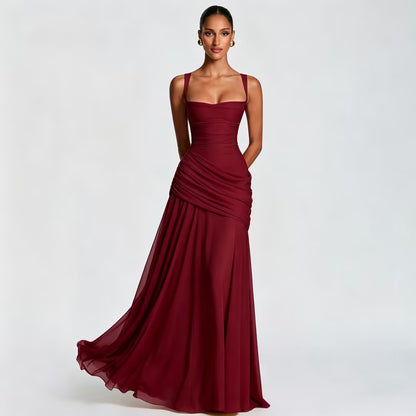 Solid-color sleeveless fitted-waist flared slip dress