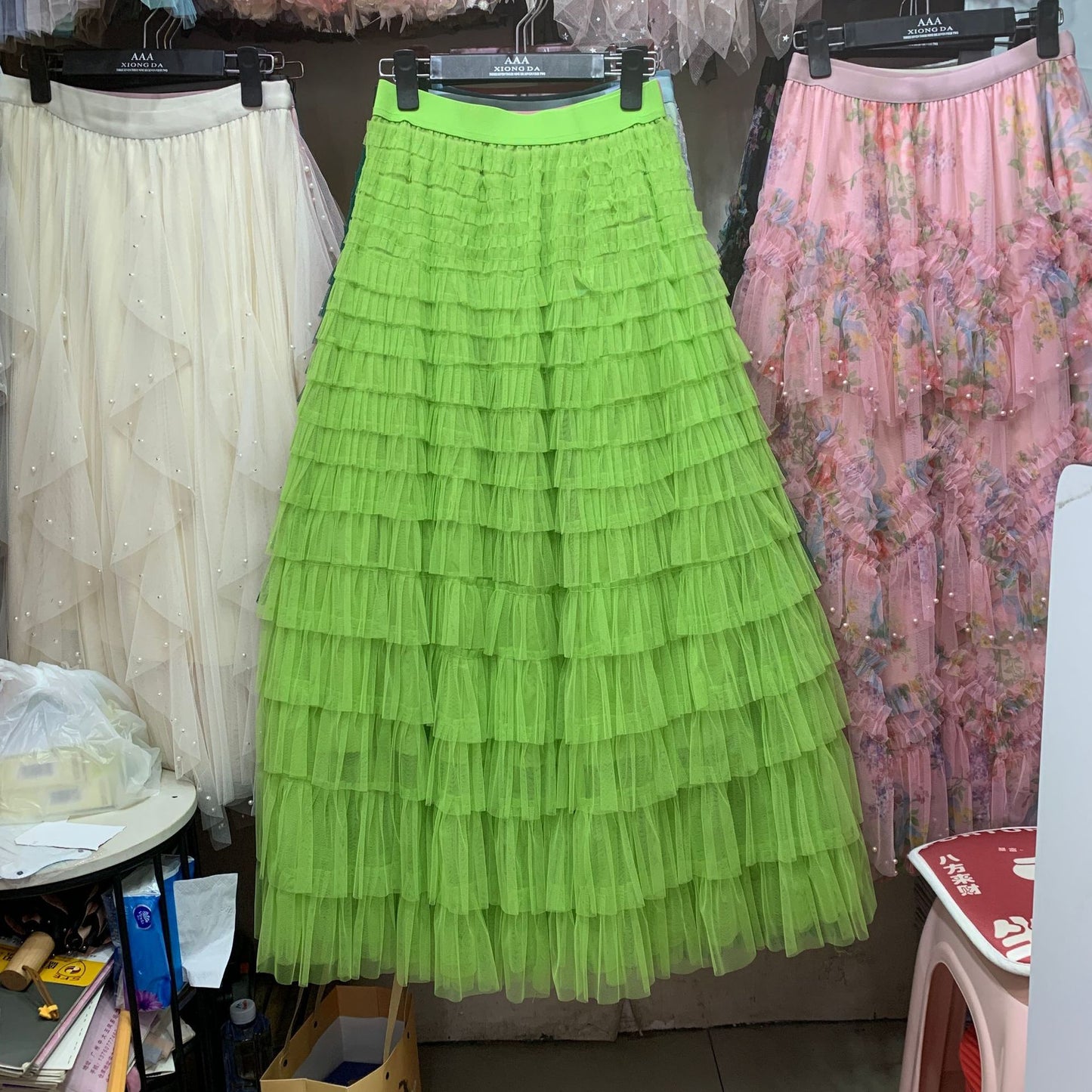 A woman in a lace cake skirt