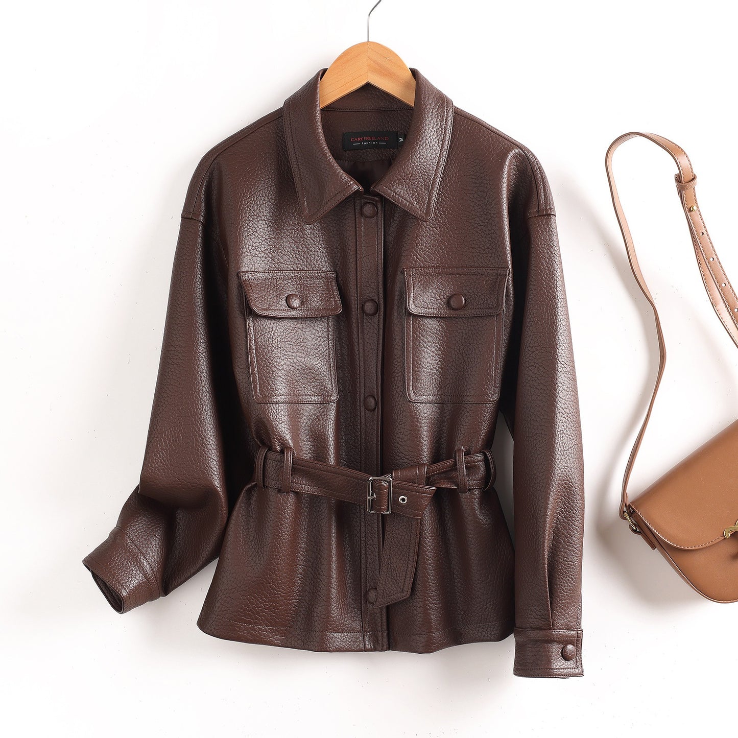 Leather women's short coat for outerwear