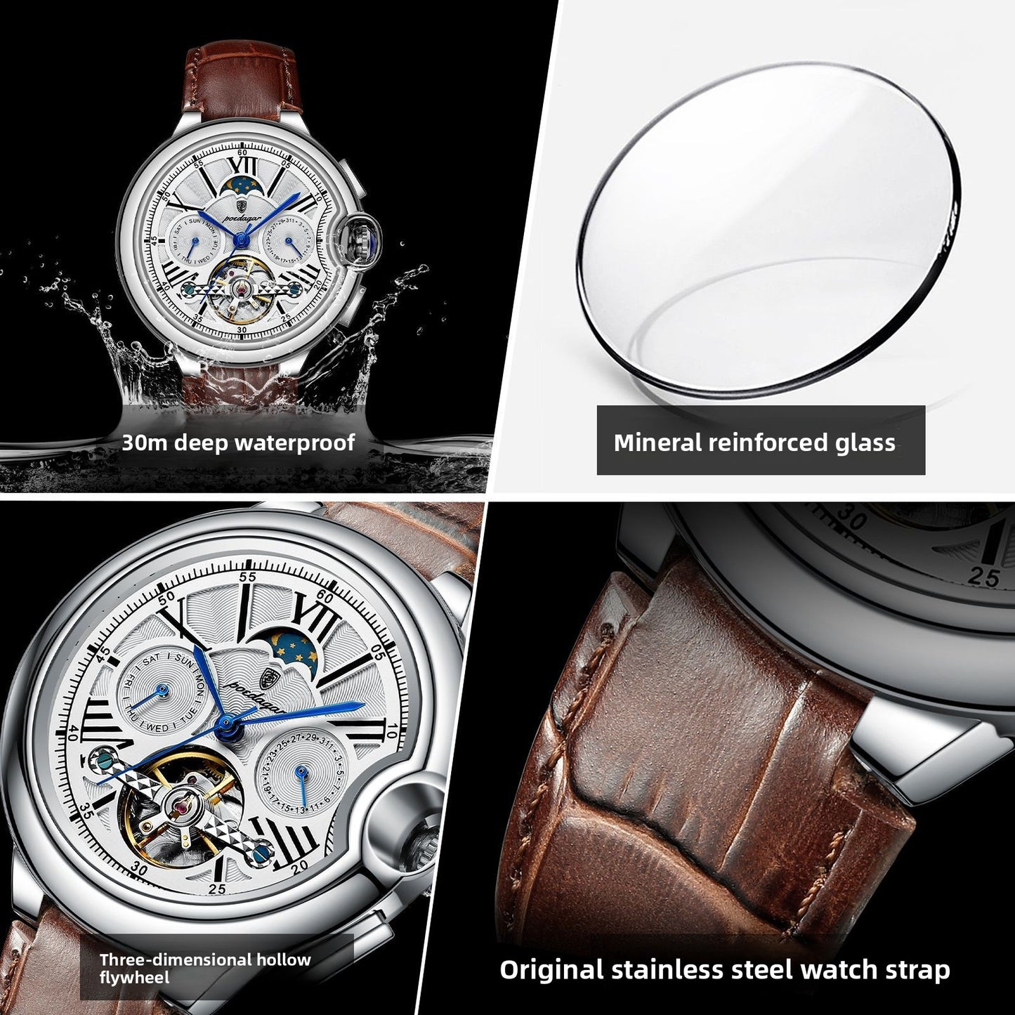 Automatic Mechanical Tourbillon Watch with Moon Phase