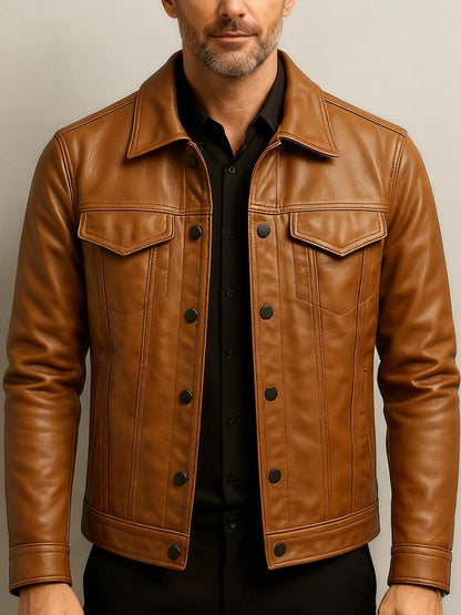 Men PU Leather Motorcycle Jacket Lapel Slim Fit Pilot Coat