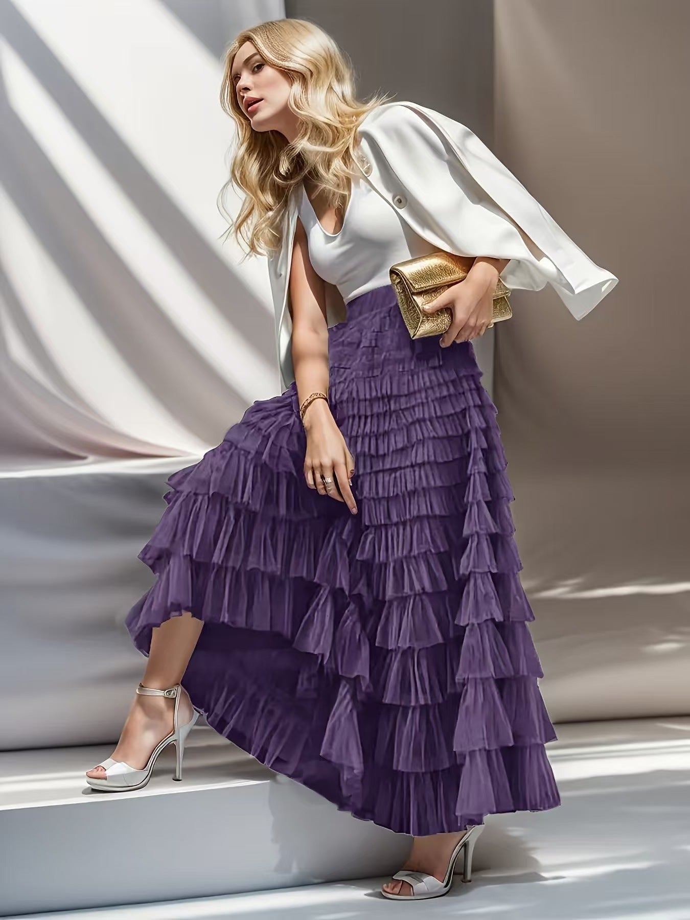 A woman in a lace cake skirt