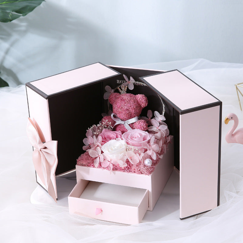 Preserved Rose Gift Box with Decorative Bear