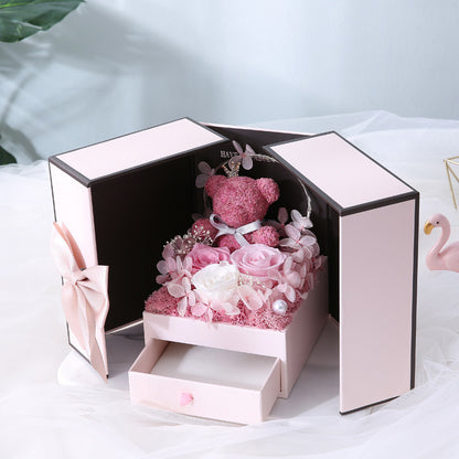 Preserved Rose Gift Box with Decorative Bear