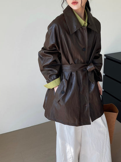 Lace-up PU Leather Coat