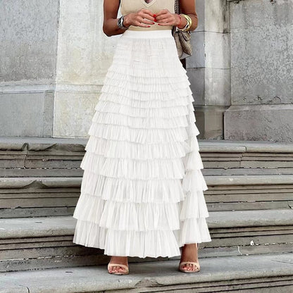 A woman in a lace cake skirt