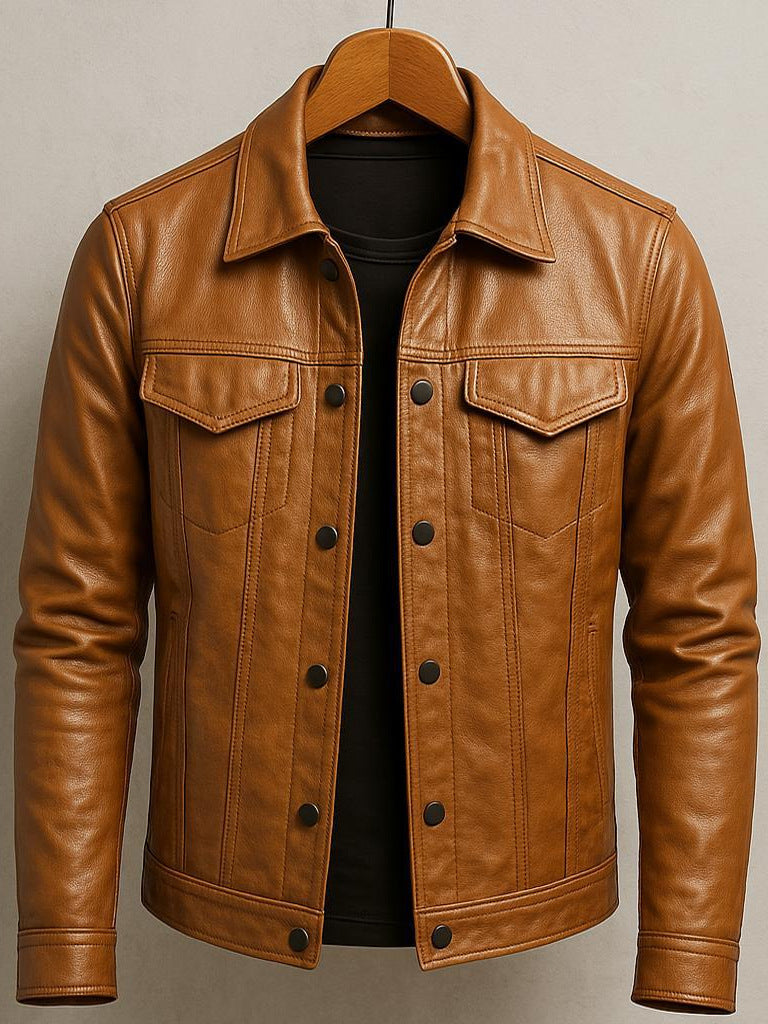 Men PU Leather Motorcycle Jacket Lapel Slim Fit Pilot Coat