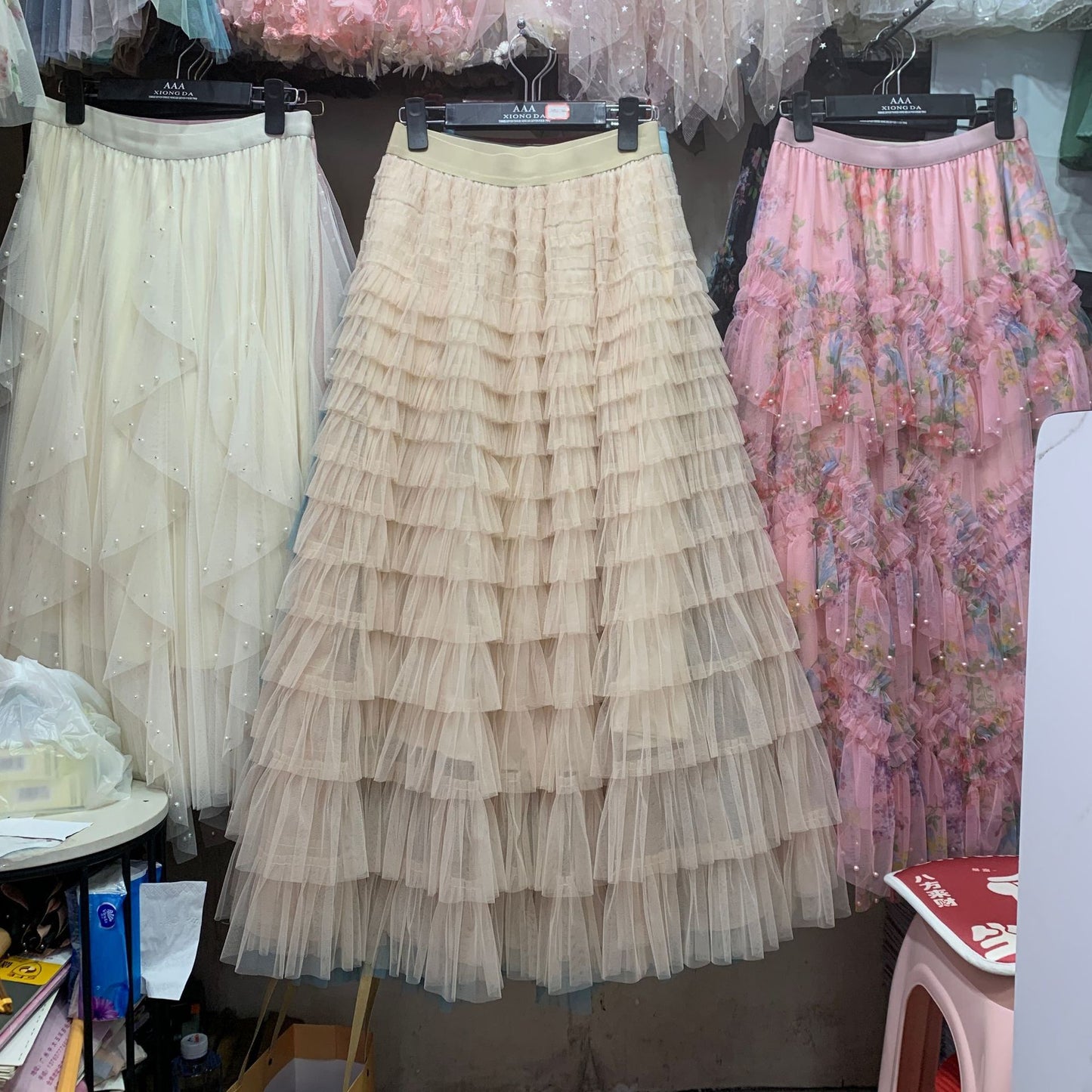 A woman in a lace cake skirt
