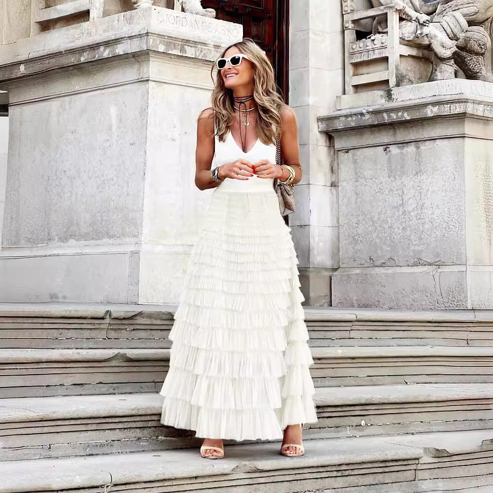 A woman in a lace cake skirt