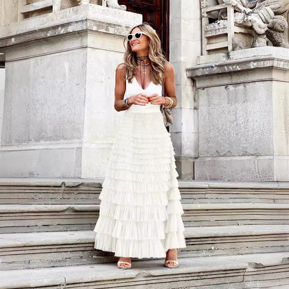 A woman in a lace cake skirt