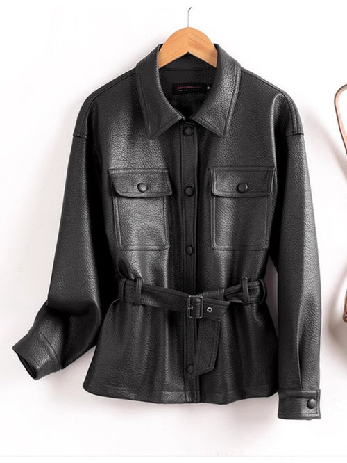 Leather women's short coat for outerwear