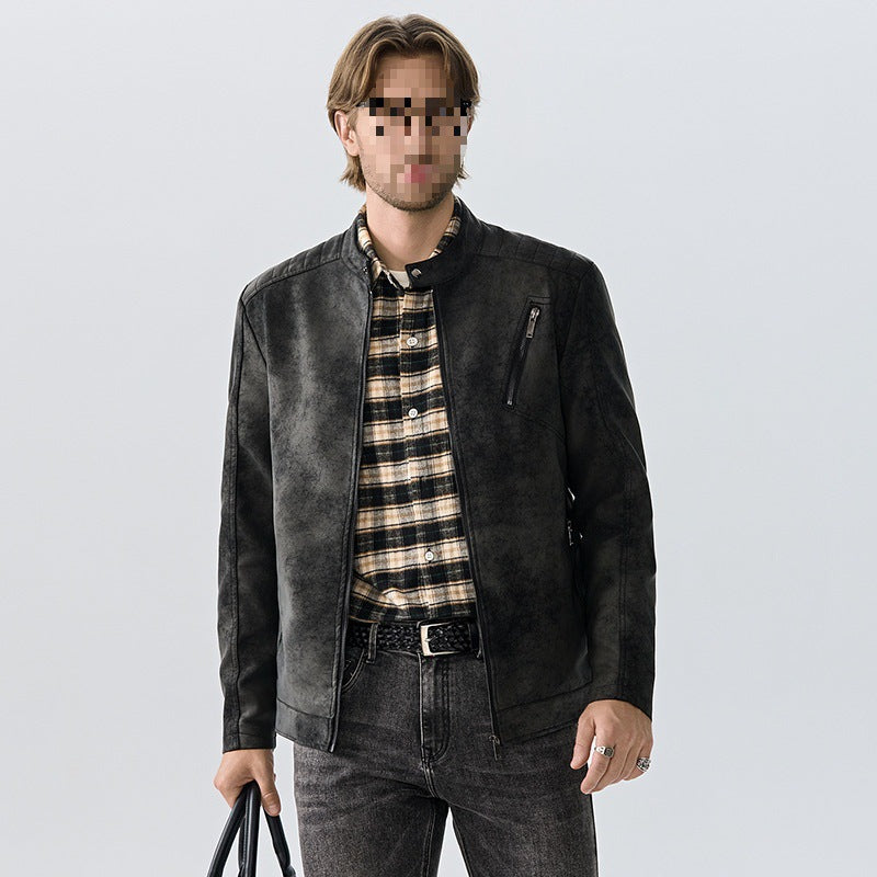 Mens PU Leather Jacket Stand Collar Slim Fit Coat