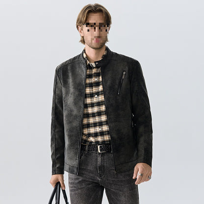 Mens PU Leather Jacket Stand Collar Slim Fit Coat