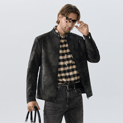 Mens PU Leather Jacket Stand Collar Slim Fit Coat