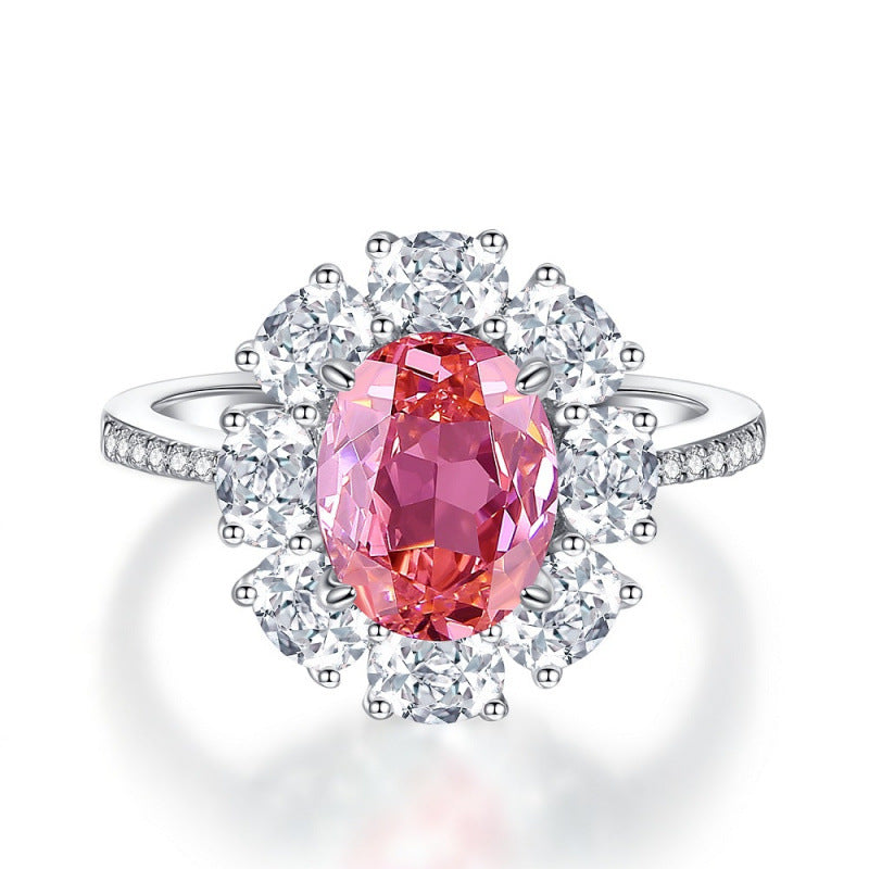 S925 Sterling Silver Zircon Ring Women Pink Ice Flower Cut