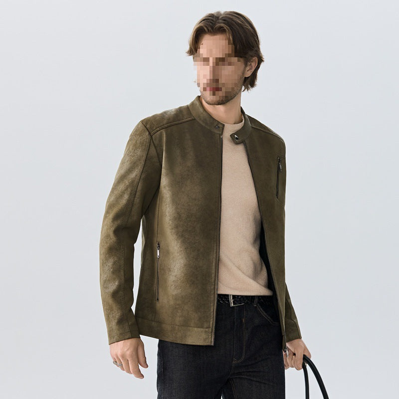 Mens PU Leather Jacket Stand Collar Slim Fit Coat