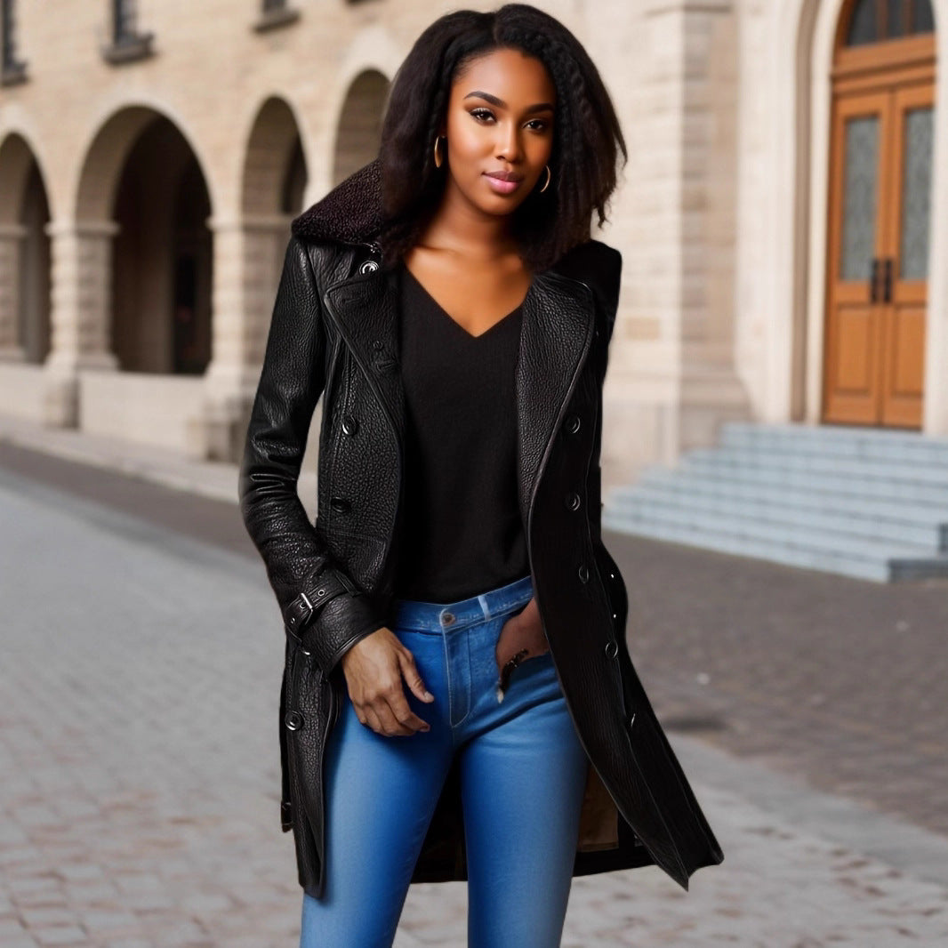 Women's fur collar leather coat mid-length