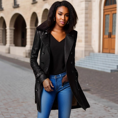 Women's fur collar leather coat mid-length