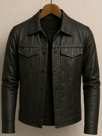 Men PU Leather Motorcycle Jacket Lapel Slim Fit Pilot Coat