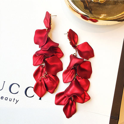 Korean S925 Silver Needle Long Rose Petal Tassel Earrings Retro Simple Exaggerated Atmosphere Internet Celebrant Flower Earrings