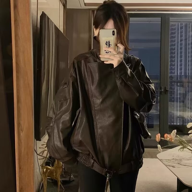 American-style brown leather jacket coat