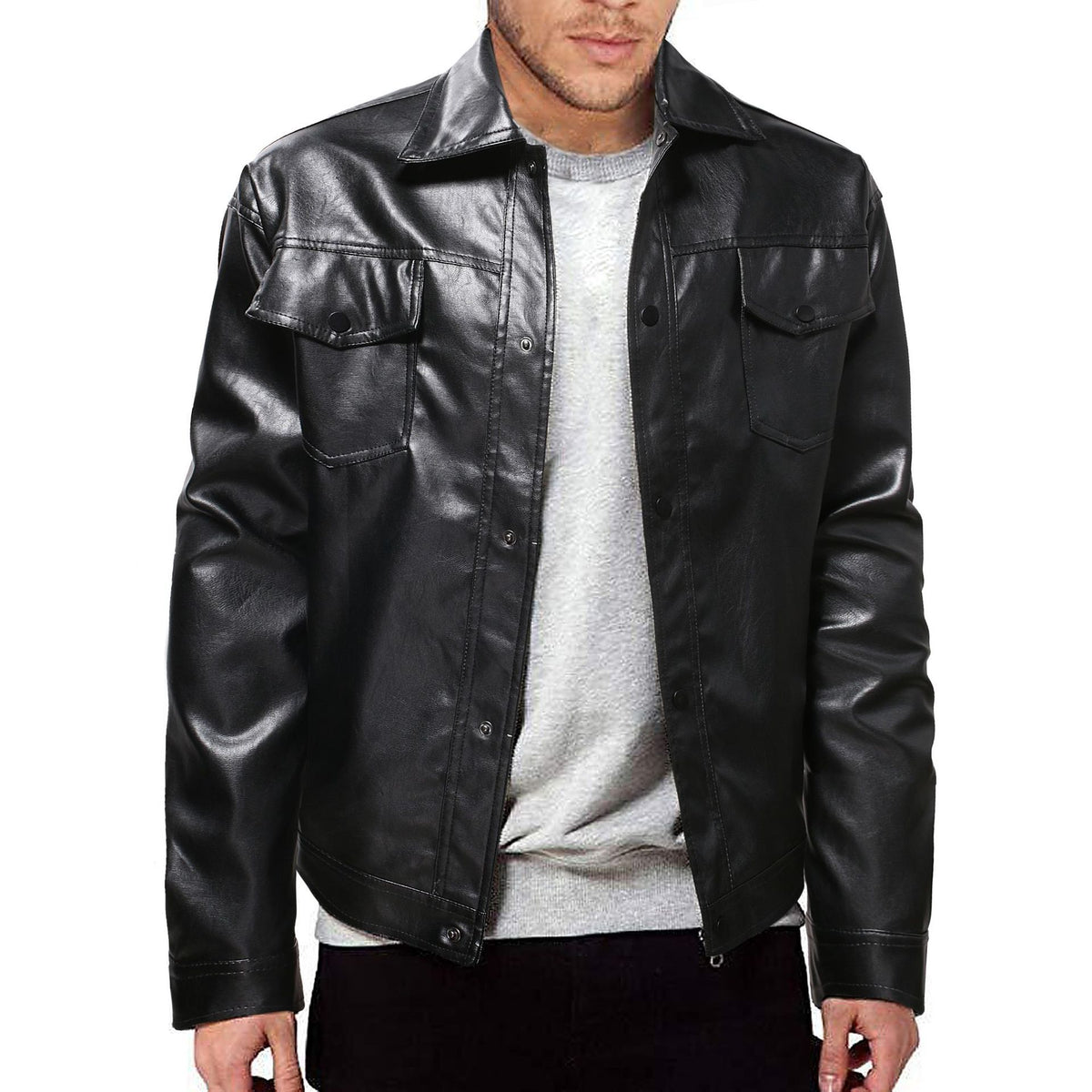 Men's Black PU Leather Mid-Length Jacket
