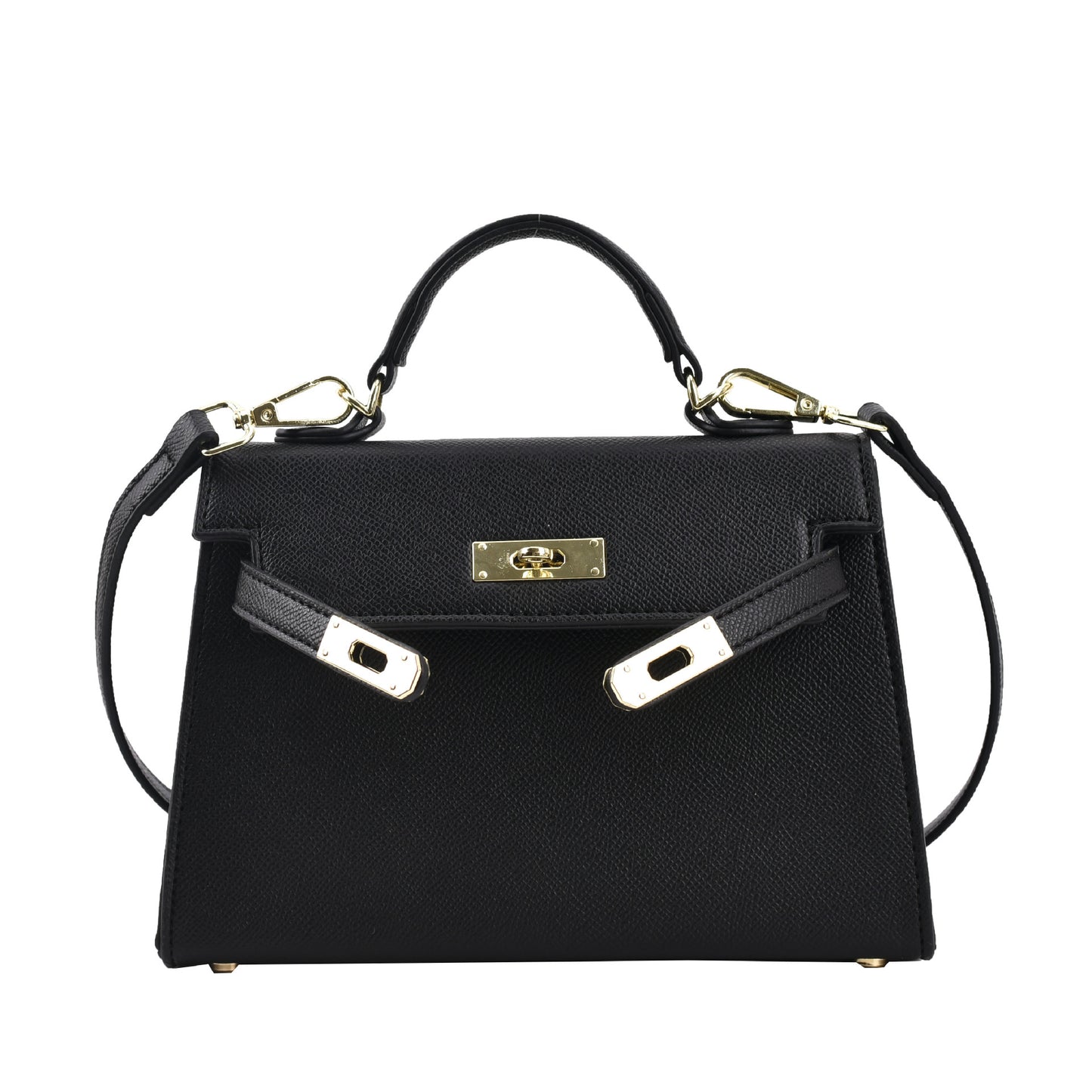 A woman carrying a small square bag with a lock