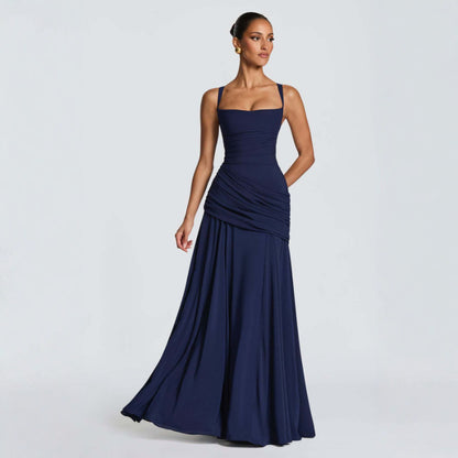 Solid-color sleeveless fitted-waist flared slip dress