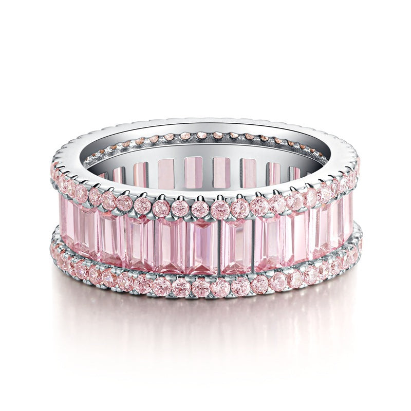 S925 Sterling Silver Zircon Ring Women Pink Ice Flower Cut